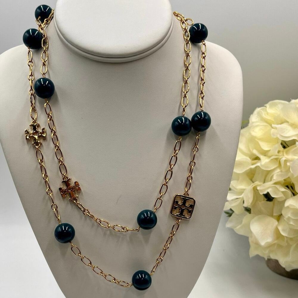 Tory Burch‎ Designer Evie Teal Resin Logo Station Gold Plated Necklace